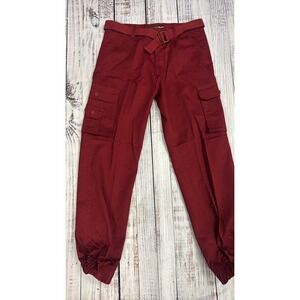 Attitude Cargo Mens Burgundy Red Jogger Pants Belted Utility Streetwear Size 34